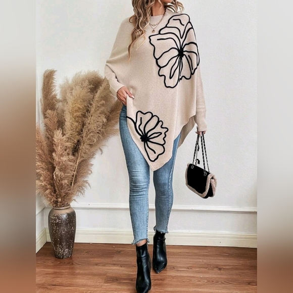 New Chic Floral Detail Knit Sweater Poncho Cape Cardigan Beige Tan Black - Picture 1 of 8